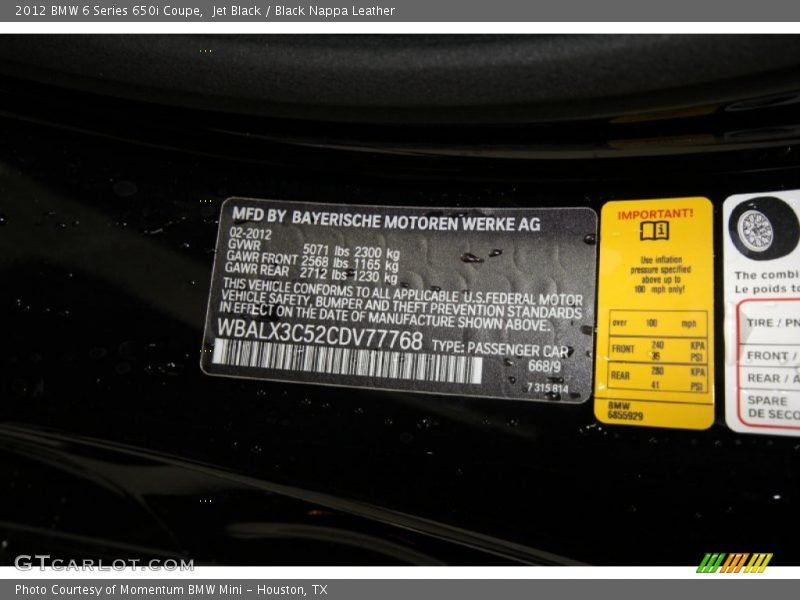 Jet Black / Black Nappa Leather 2012 BMW 6 Series 650i Coupe