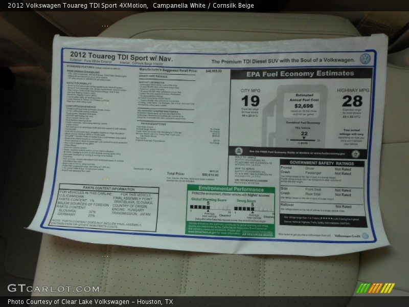  2012 Touareg TDI Sport 4XMotion Window Sticker