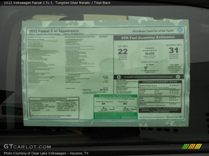 Tungsten Silver Metallic / Titan Black 2012 Volkswagen Passat 2.5L S