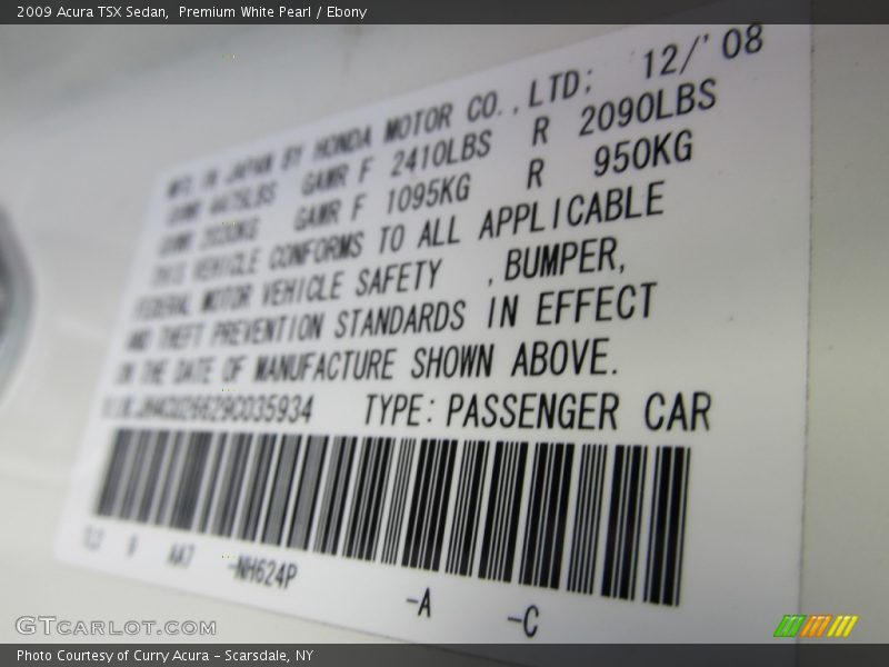 2009 TSX Sedan Premium White Pearl Color Code NH624P