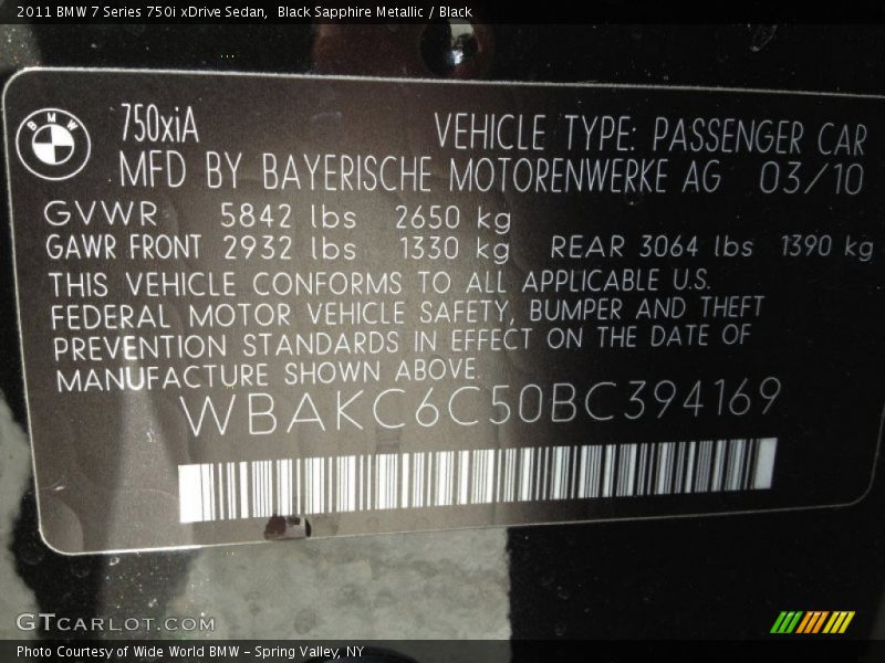 Black Sapphire Metallic / Black 2011 BMW 7 Series 750i xDrive Sedan