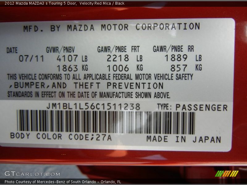 2012 MAZDA3 s Touring 5 Door Velocity Red Mica Color Code 27A