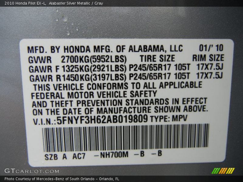 Alabaster Silver Metallic / Gray 2010 Honda Pilot EX-L