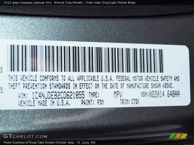 Mineral Gray Metallic / Dark Slate Gray/Light Pebble Beige 2012 Jeep Compass Latitude 4x4