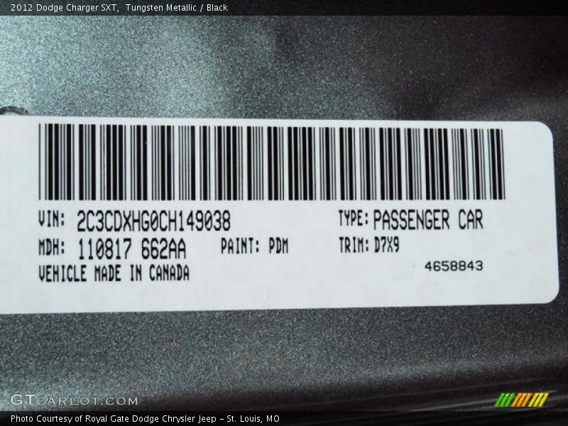 Tungsten Metallic / Black 2012 Dodge Charger SXT