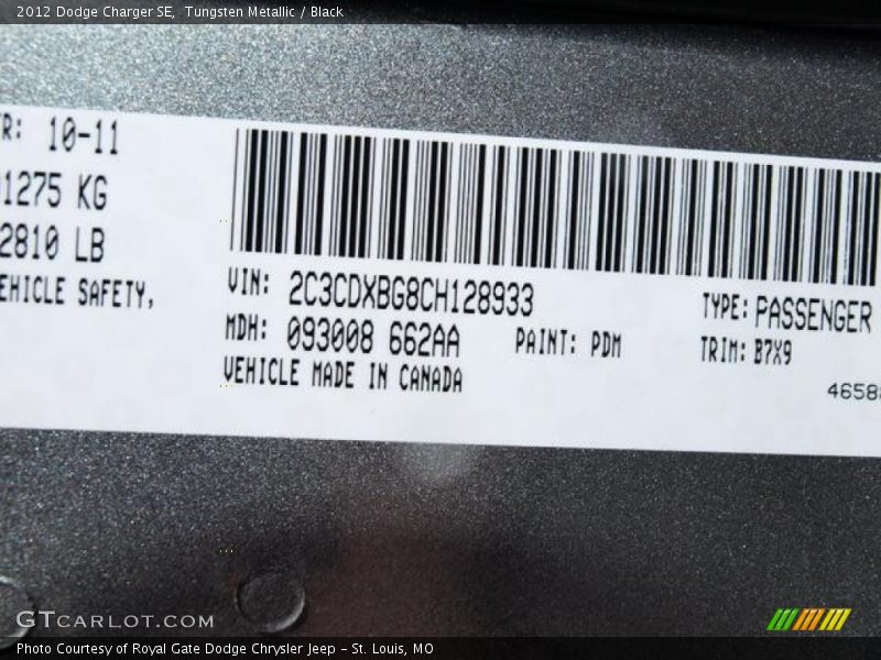 2012 Charger SE Tungsten Metallic Color Code PDM