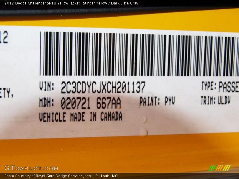 2012 Challenger SRT8 Yellow Jacket Stinger Yellow Color Code PYV