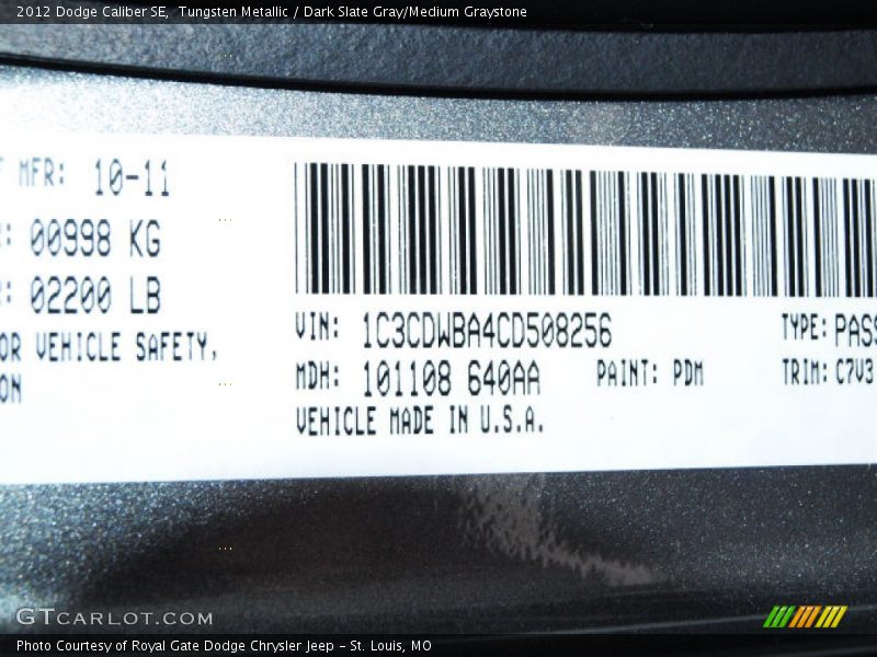 Tungsten Metallic / Dark Slate Gray/Medium Graystone 2012 Dodge Caliber SE