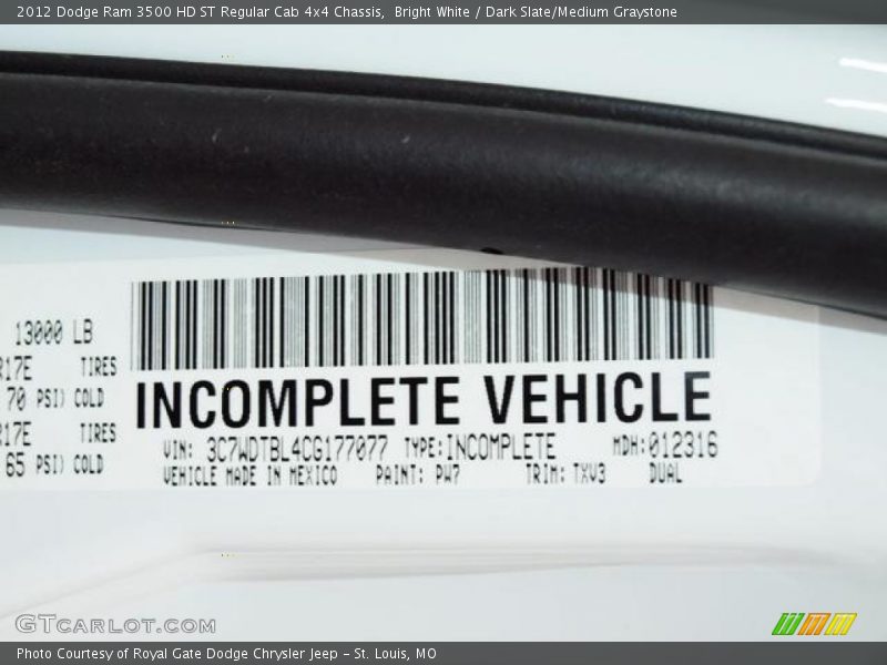 Bright White / Dark Slate/Medium Graystone 2012 Dodge Ram 3500 HD ST Regular Cab 4x4 Chassis