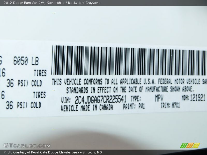 Stone White / Black/Light Graystone 2012 Dodge Ram Van C/V