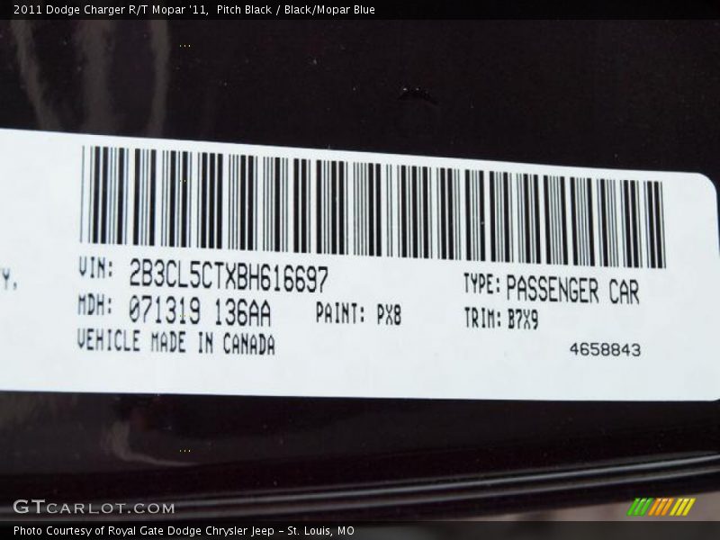 2011 Charger R/T Mopar '11 Pitch Black Color Code PX8