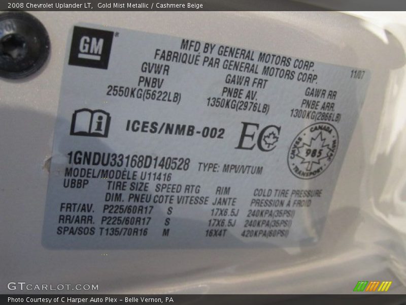 Gold Mist Metallic / Cashmere Beige 2008 Chevrolet Uplander LT