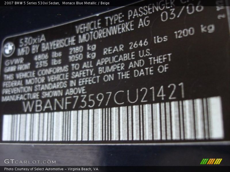 Monaco Blue Metallic / Beige 2007 BMW 5 Series 530xi Sedan