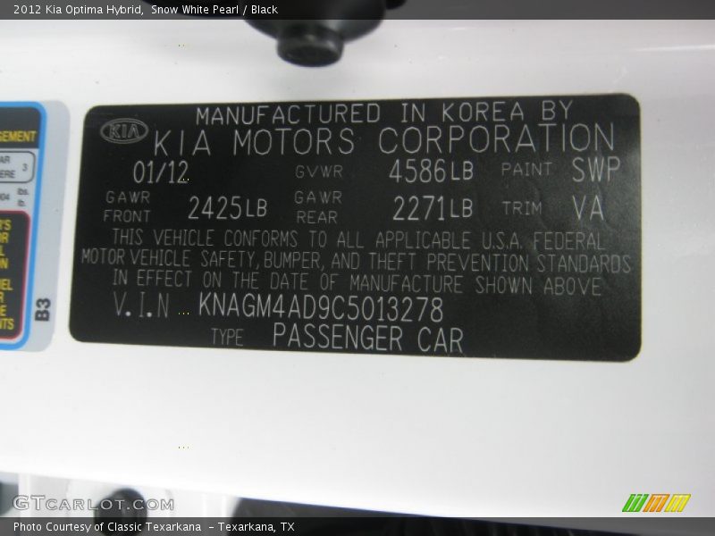 2012 Optima Hybrid Snow White Pearl Color Code SWP