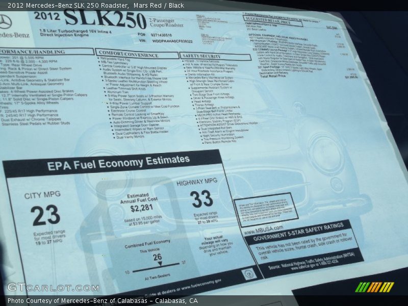  2012 SLK 250 Roadster Window Sticker