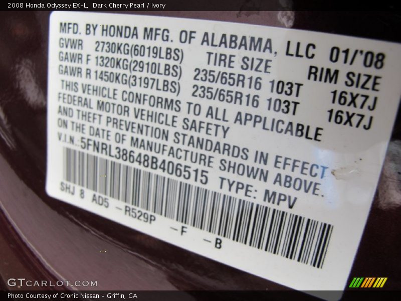 2008 Odyssey EX-L Dark Cherry Pearl Color Code R529P