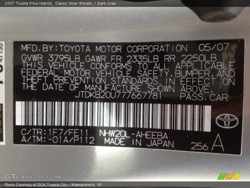 2007 Prius Hybrid Classic Silver Metallic Color Code 1F7