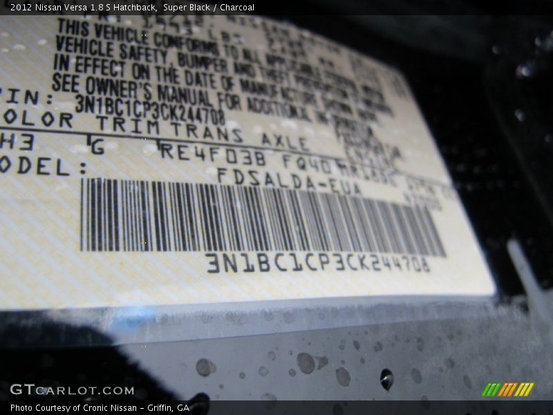 Super Black / Charcoal 2012 Nissan Versa 1.8 S Hatchback
