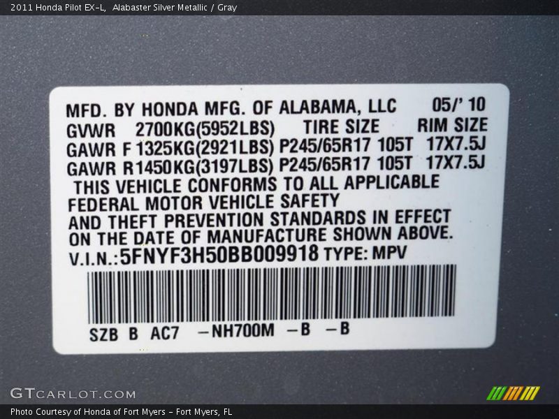 Alabaster Silver Metallic / Gray 2011 Honda Pilot EX-L