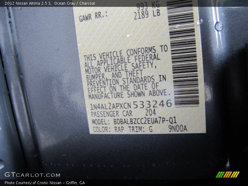 Ocean Gray / Charcoal 2012 Nissan Altima 2.5 S