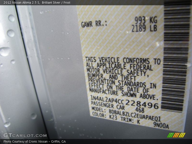 Brilliant Silver / Frost 2012 Nissan Altima 2.5 S