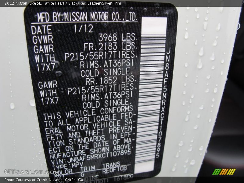 White Pearl / Black/Red Leather/Silver Trim 2012 Nissan Juke SL