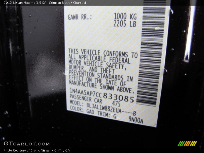 2012 Maxima 3.5 SV Crimson Black Color Code GAD