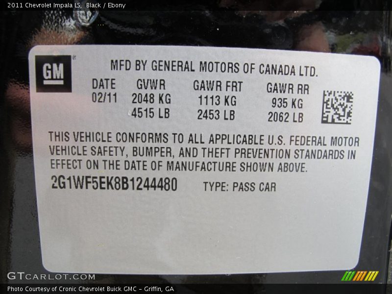 Black / Ebony 2011 Chevrolet Impala LS