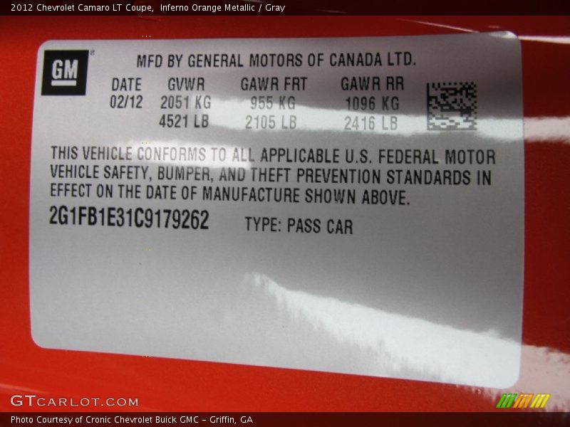 Inferno Orange Metallic / Gray 2012 Chevrolet Camaro LT Coupe