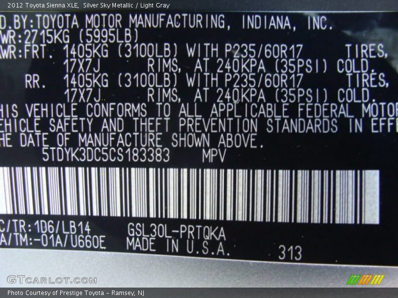 Silver Sky Metallic / Light Gray 2012 Toyota Sienna XLE