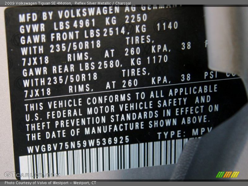 Reflex Silver Metallic / Charcoal 2009 Volkswagen Tiguan SE 4Motion
