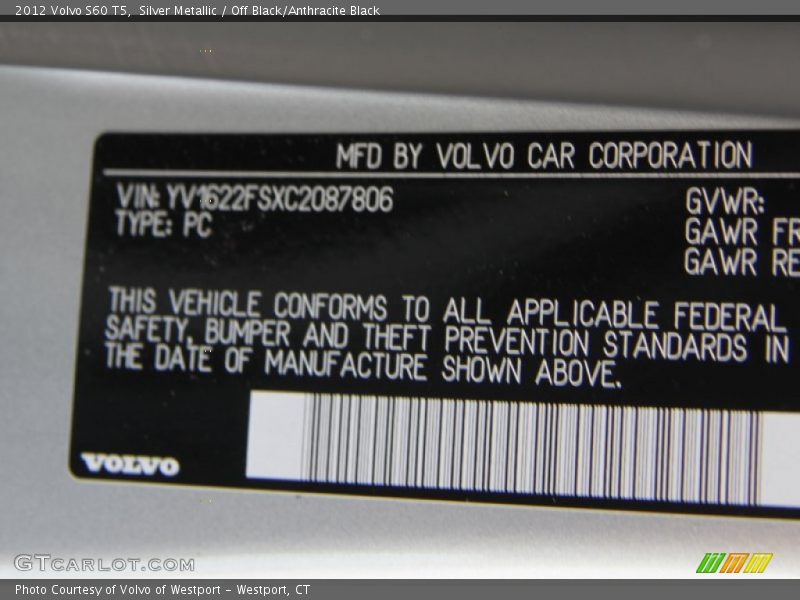 Silver Metallic / Off Black/Anthracite Black 2012 Volvo S60 T5