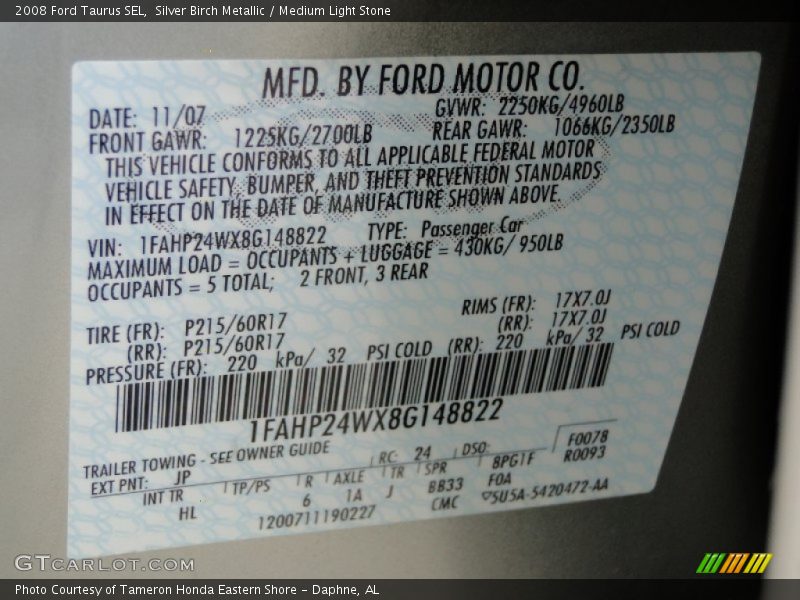 2008 Taurus SEL Silver Birch Metallic Color Code JP