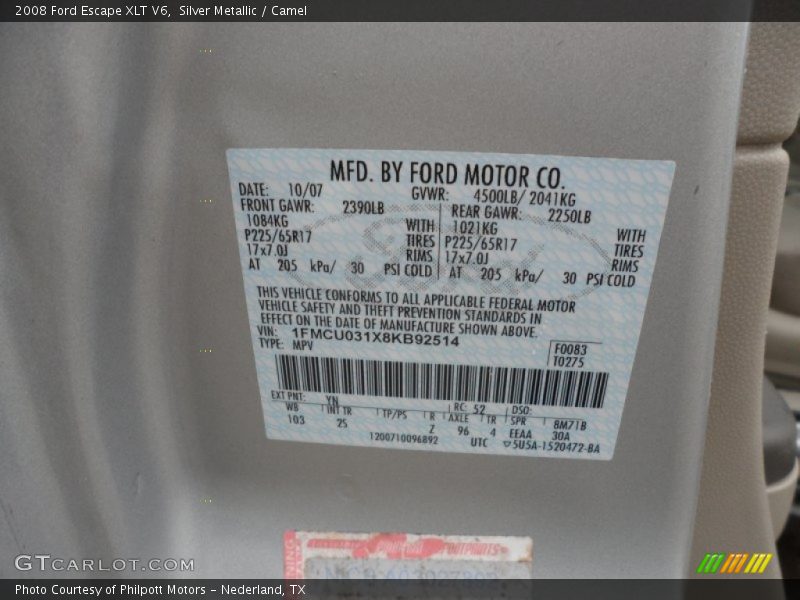 Silver Metallic / Camel 2008 Ford Escape XLT V6