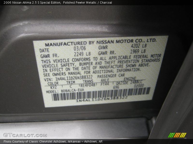 2006 Altima 2.5 S Special Edition Polished Pewter Metallic Color Code KY2
