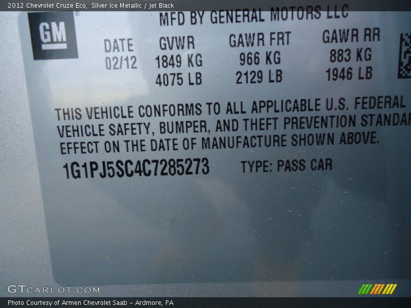 Silver Ice Metallic / Jet Black 2012 Chevrolet Cruze Eco
