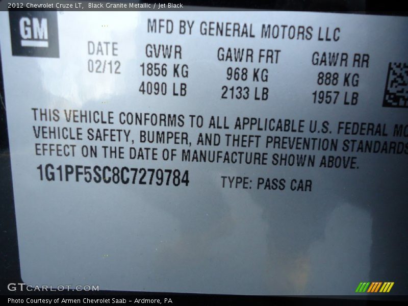 Black Granite Metallic / Jet Black 2012 Chevrolet Cruze LT