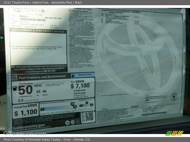  2012 Prius c Hybrid Four Window Sticker
