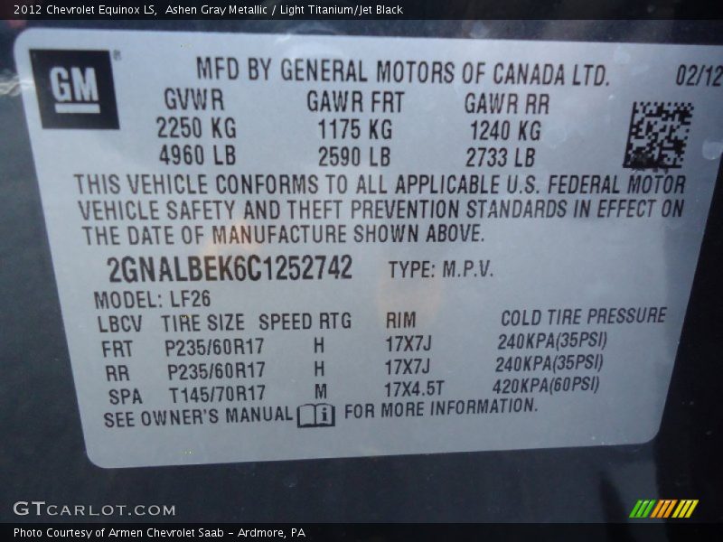 Ashen Gray Metallic / Light Titanium/Jet Black 2012 Chevrolet Equinox LS