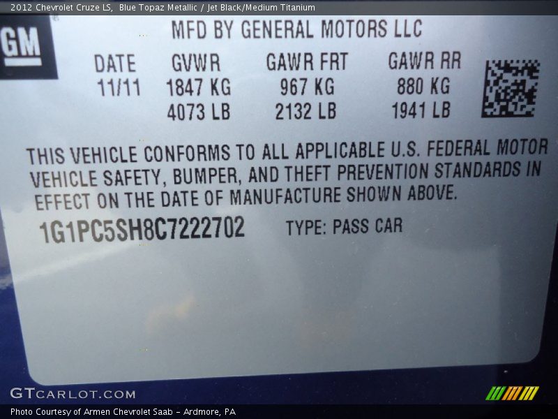 Blue Topaz Metallic / Jet Black/Medium Titanium 2012 Chevrolet Cruze LS