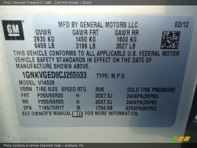 Gold Mist Metallic / Ebony 2012 Chevrolet Traverse LT AWD