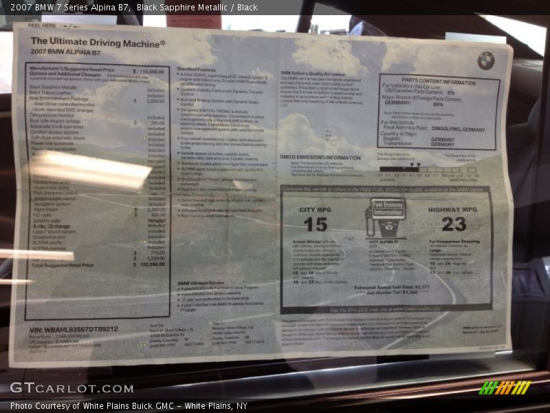  2007 7 Series Alpina B7 Window Sticker
