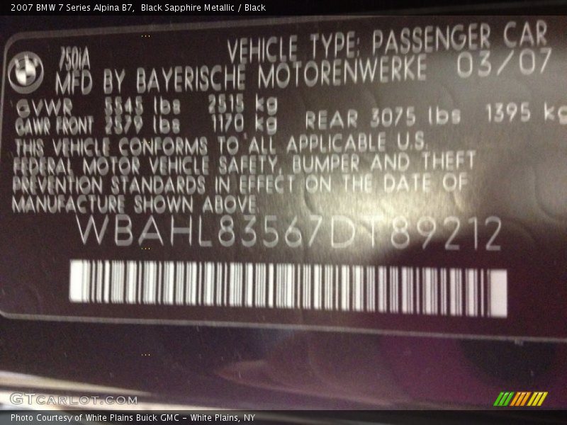 Black Sapphire Metallic / Black 2007 BMW 7 Series Alpina B7