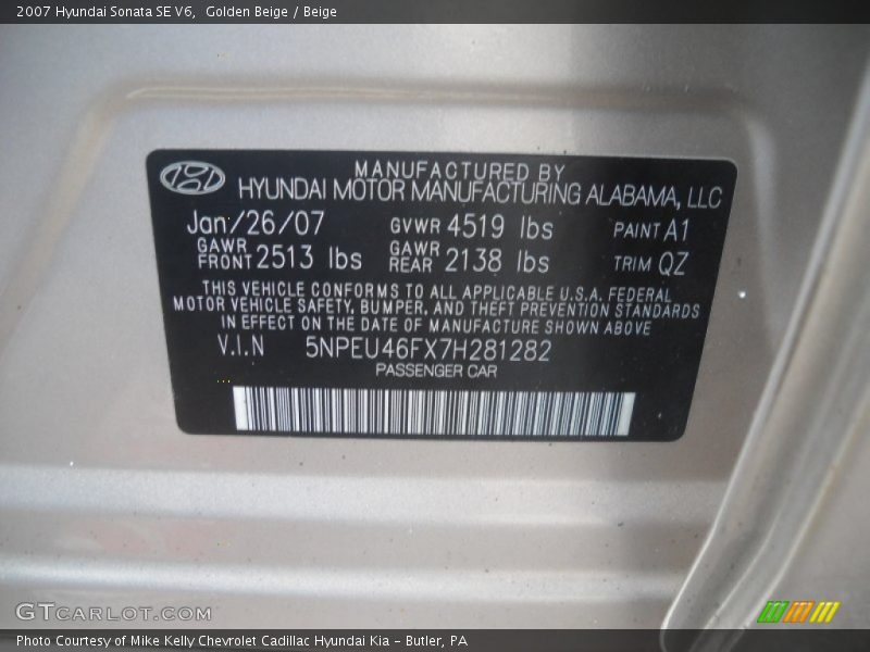 2007 Sonata SE V6 Golden Beige Color Code A1