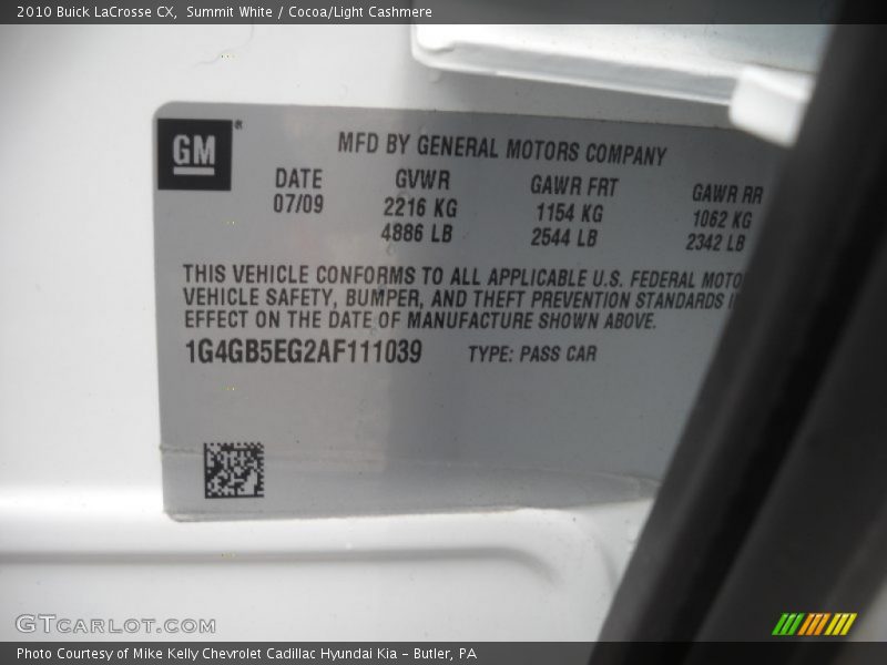 Summit White / Cocoa/Light Cashmere 2010 Buick LaCrosse CX