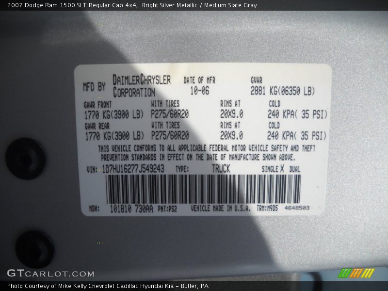 2007 Ram 1500 SLT Regular Cab 4x4 Bright Silver Metallic Color Code PS2