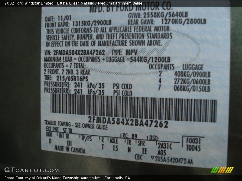 2002 Windstar Limited Estate Green Metallic Color Code ST