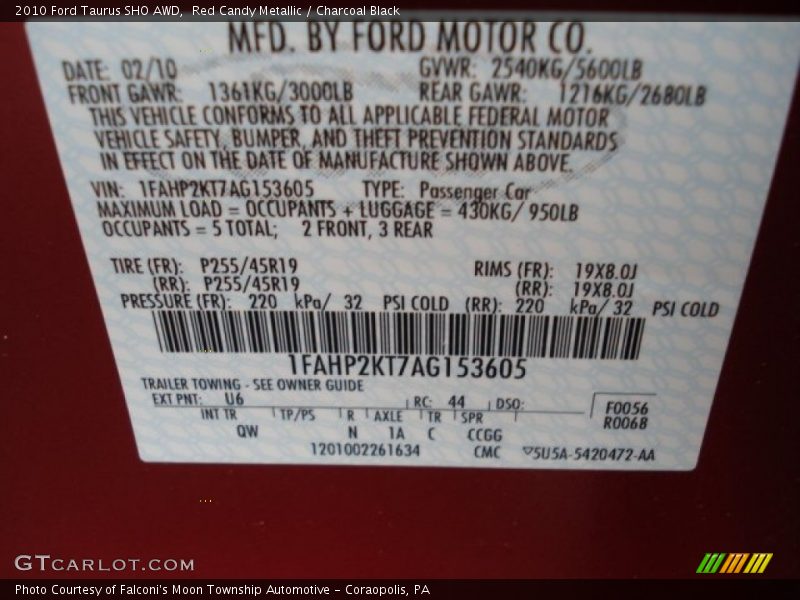 2010 Taurus SHO AWD Red Candy Metallic Color Code U6