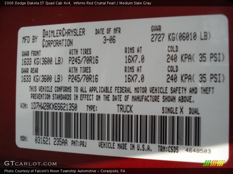 2006 Dakota ST Quad Cab 4x4 Inferno Red Crystal Pearl Color Code PRJ