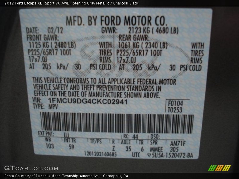 2012 Escape XLT Sport V6 AWD Sterling Gray Metallic Color Code UJ